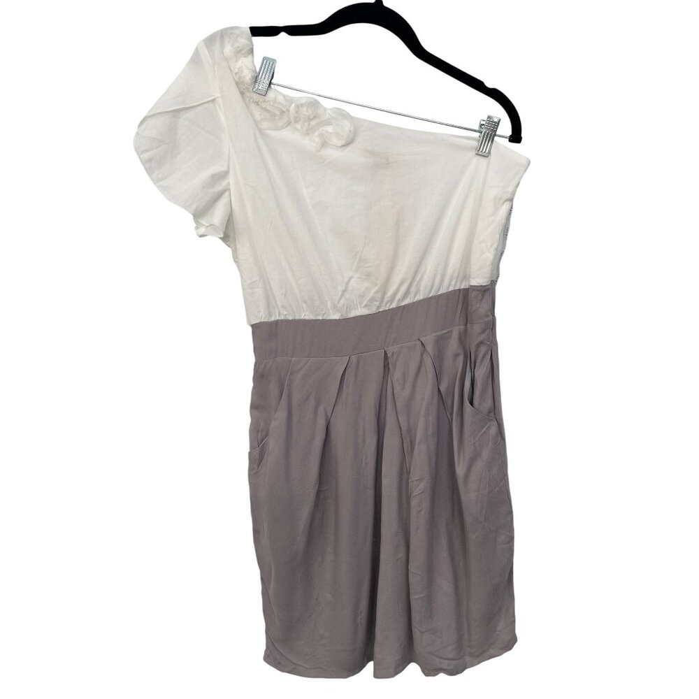 Lucy and Co One Shoulder Mini Dress Size Large Pleated White Gray Colorblock NEW